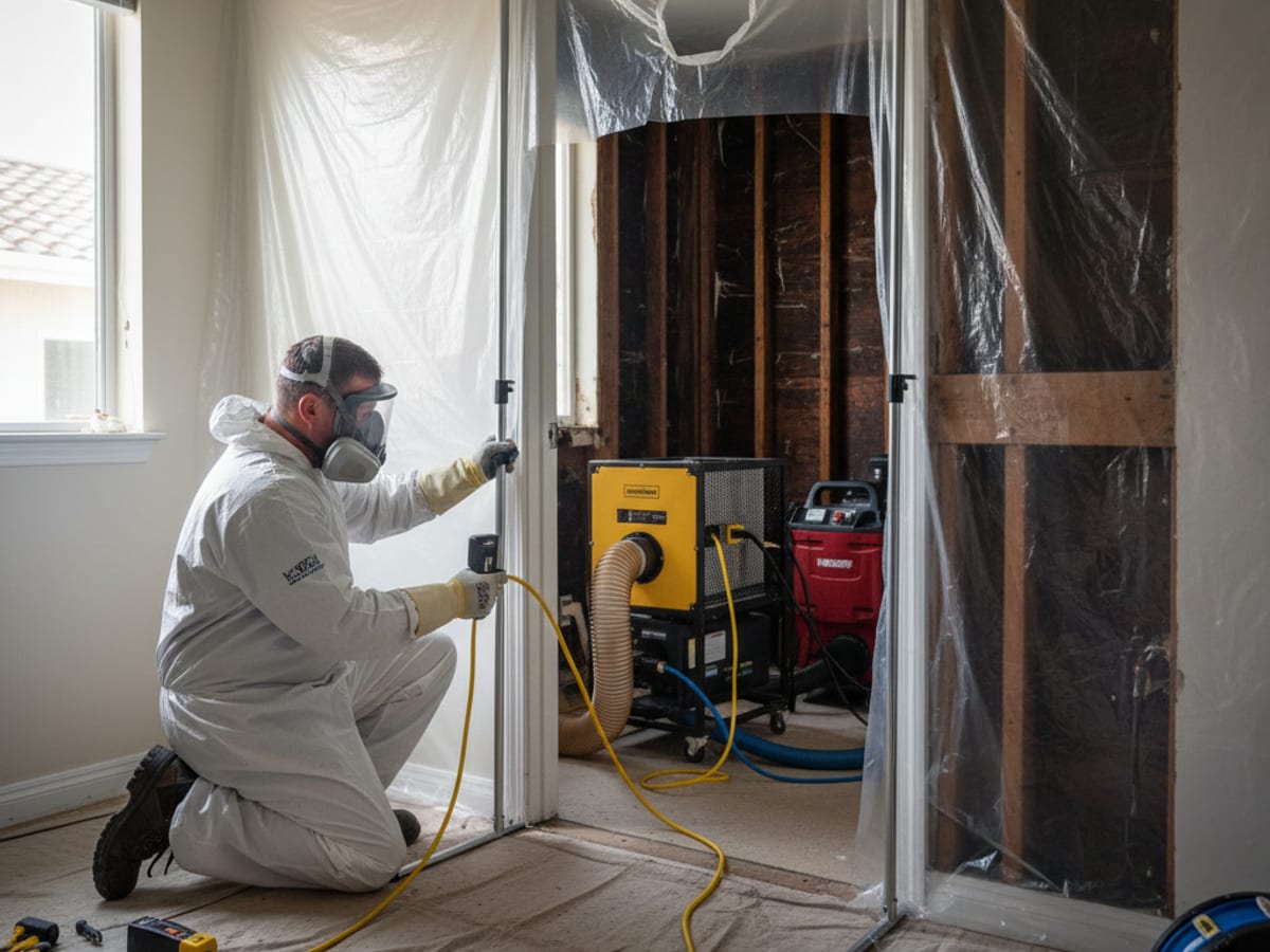 Técnico de restauración con equipo de protección instalando una barrera de contención y un purificador de aire HEPA en un baño en San Diego