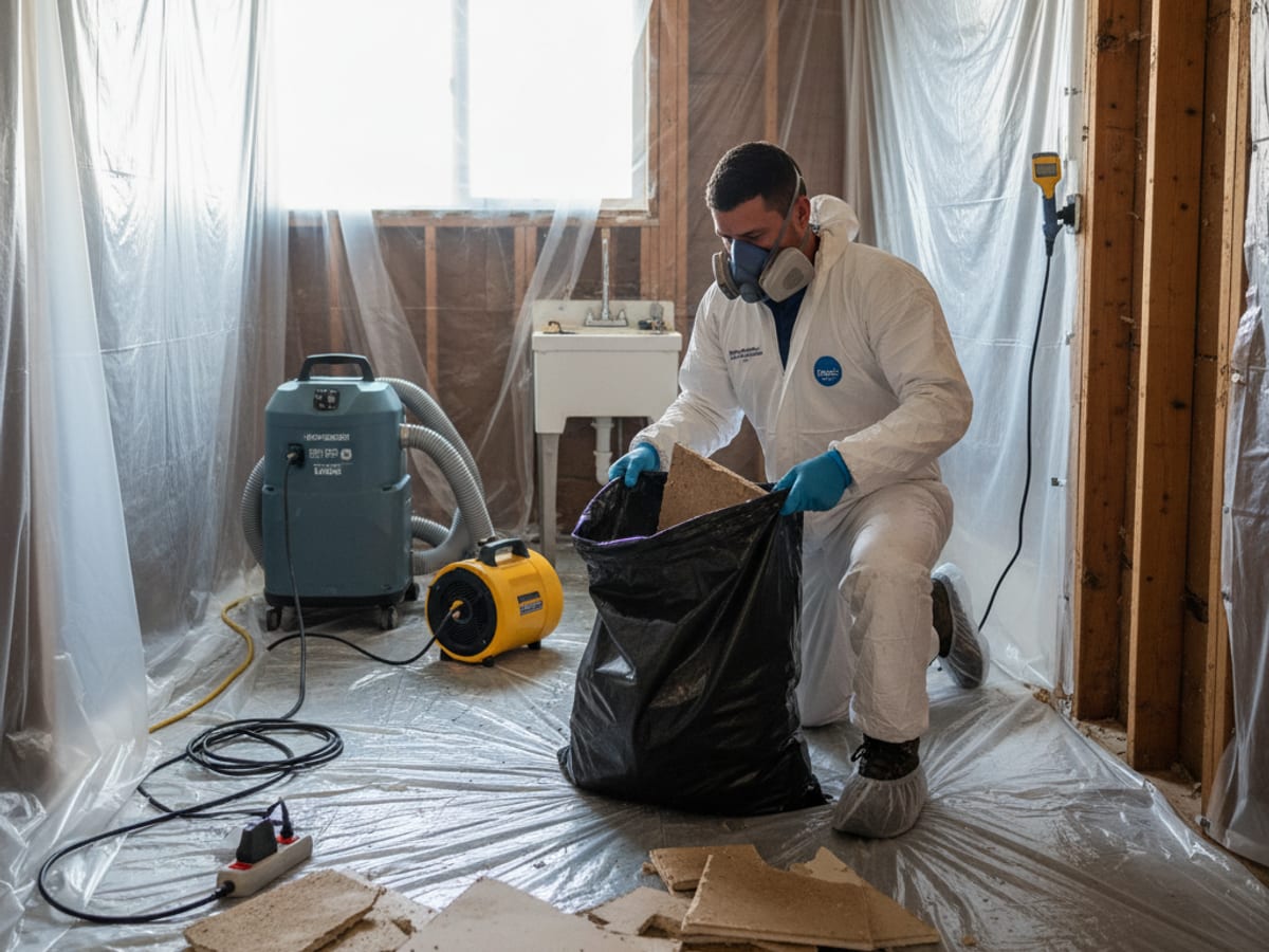Técnico de restauración con equipo de protección completo embolsando tablaroca contaminada después de un desborde de aguas negras en una casa en San Diego