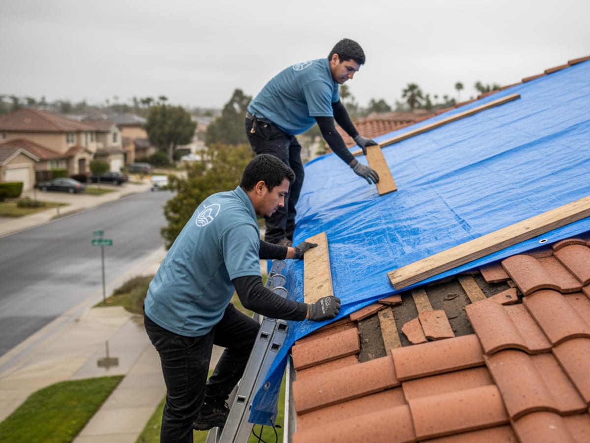 Cuadrilla de restauración instalando una lona de emergencia en el techo de una casa dañada por el viento en San Diego después de una tormenta